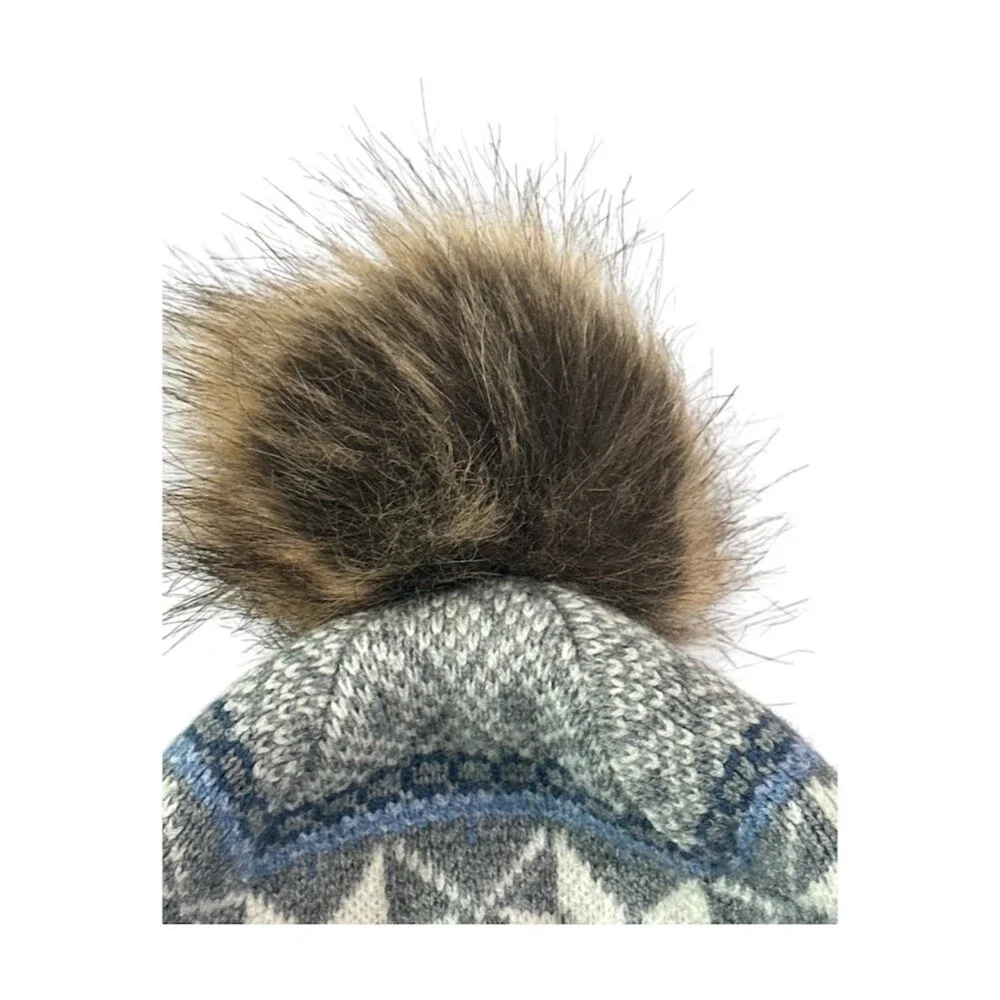 Muk Luks Fair Isle Pom Beanie Gray Blue Knit Winter Hat Faux Fur Pom One Size